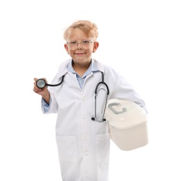 Photo of Choice of profession. Little boy with stethoscope and case pretending to be doctor on white background