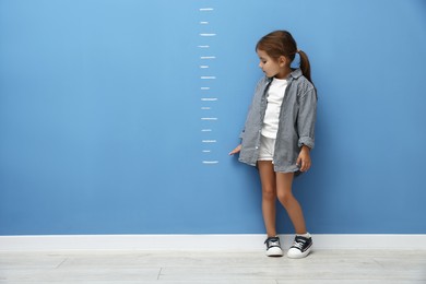 Photo of Cute little girl measuring her height near blue wall. Space for text