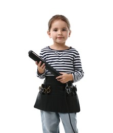 Photo of Choice of profession. Cute little girl with straightener and tools pretending to be hairdresser on white background