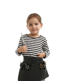 Photo of Choice of profession. Cute little girl with tools pretending to be hairdresser on white background