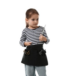 Photo of Choice of profession. Cute little girl with tools pretending to be hairdresser on white background