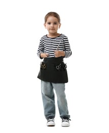 Photo of Choice of profession. Cute little girl with tools pretending to be hairdresser on white background