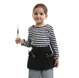 Photo of Choice of profession. Cute little girl with tools pretending to be hairdresser on white background