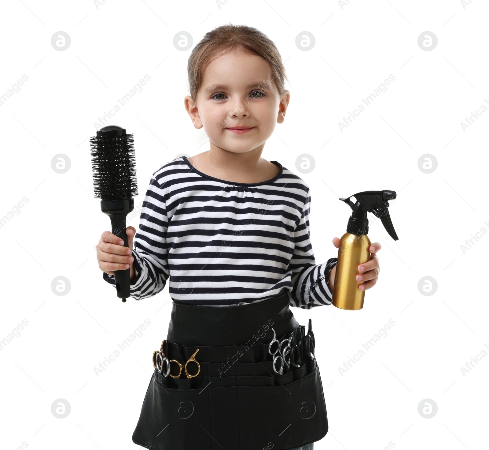 Photo of Choice of profession. Cute little girl with tools pretending to be hairdresser on white background