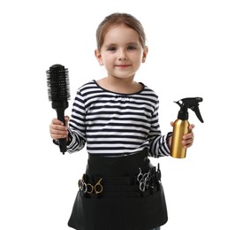 Photo of Choice of profession. Cute little girl with tools pretending to be hairdresser on white background