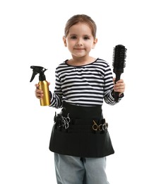 Photo of Choice of profession. Cute little girl with tools pretending to be hairdresser on white background