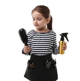 Photo of Choice of profession. Cute little girl with tools pretending to be hairdresser on white background