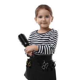 Photo of Choice of profession. Cute little girl with tools pretending to be hairdresser on white background