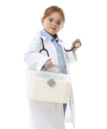 Photo of Choice of profession. Little girl in uniform with stethoscope and case pretending to be doctor on white background