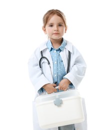 Photo of Choice of profession. Little girl in uniform with stethoscope and case pretending to be doctor on white background