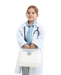 Photo of Choice of profession. Little girl in uniform with stethoscope and case pretending to be doctor on white background