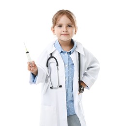 Photo of Choice of profession. Little girl in uniform with stethoscope and syringe pretending to be doctor on white background