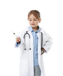 Photo of Choice of profession. Little girl in uniform with stethoscope and syringe pretending to be doctor on white background