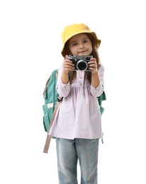 Photo of Choice of profession. Little girl with camera pretending to be photographer on white background
