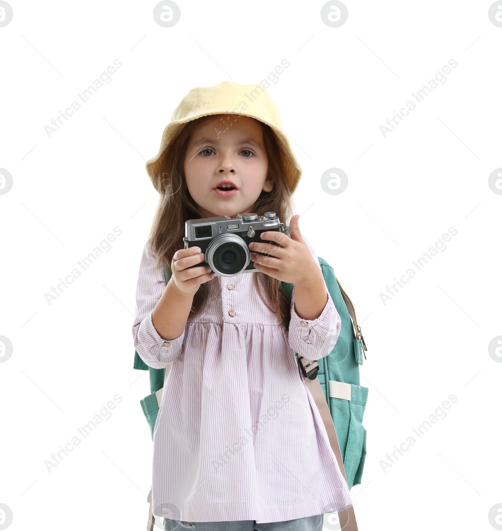 Photo of Choice of profession. Little girl with camera pretending to be photographer on white background