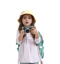 Photo of Choice of profession. Little girl with camera pretending to be photographer on white background