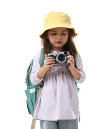 Photo of Choice of profession. Little girl with camera pretending to be photographer on white background