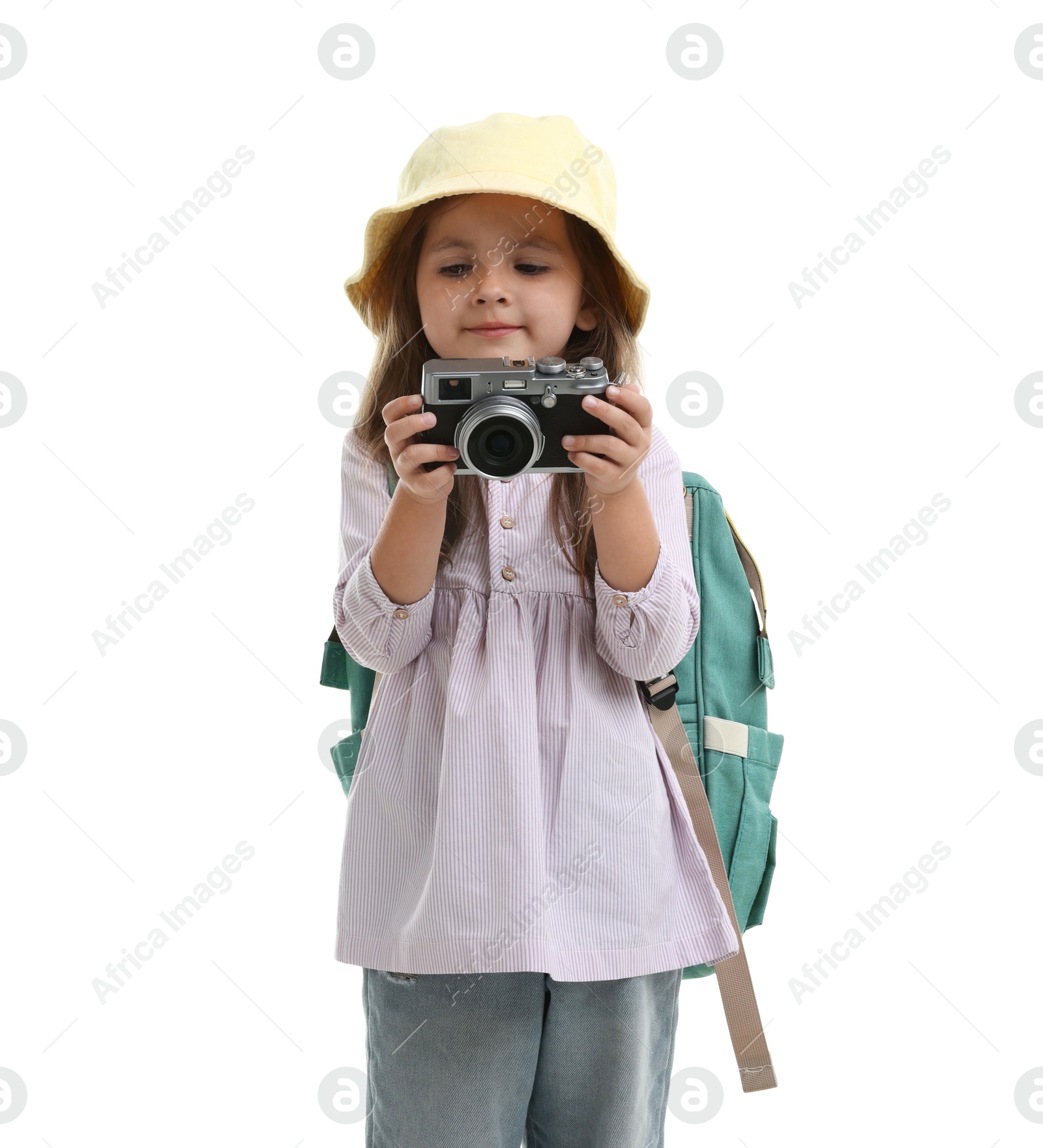 Photo of Choice of profession. Little girl with camera pretending to be photographer on white background