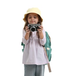 Photo of Choice of profession. Little girl with camera pretending to be photographer on white background