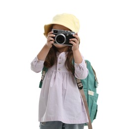 Photo of Choice of profession. Little girl with camera pretending to be photographer on white background