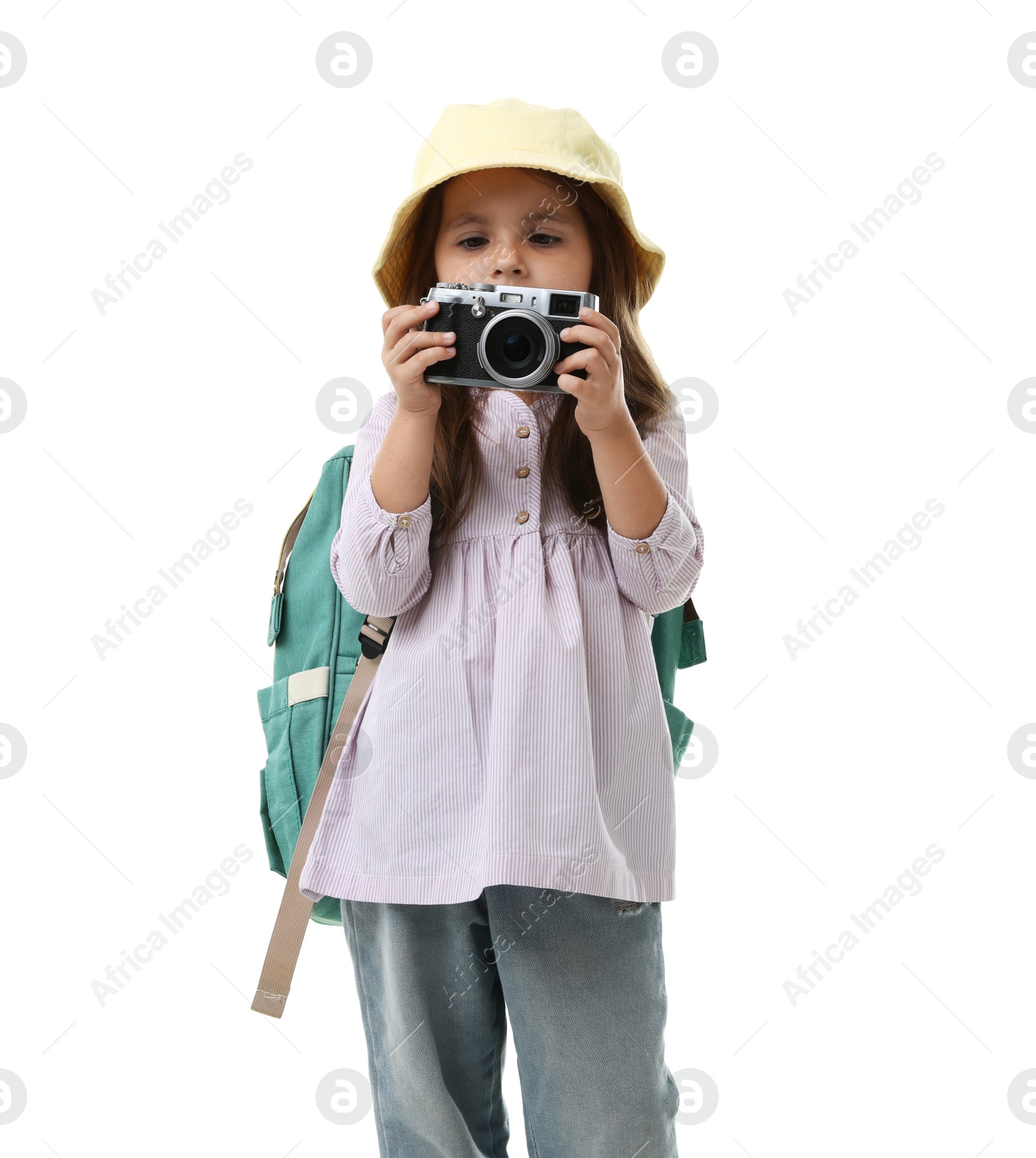Photo of Choice of profession. Little girl with camera pretending to be photographer on white background