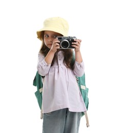 Photo of Choice of profession. Little girl with camera pretending to be photographer on white background