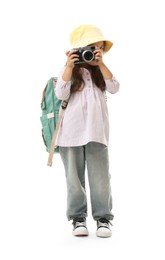 Photo of Choice of profession. Little girl with camera pretending to be photographer on white background