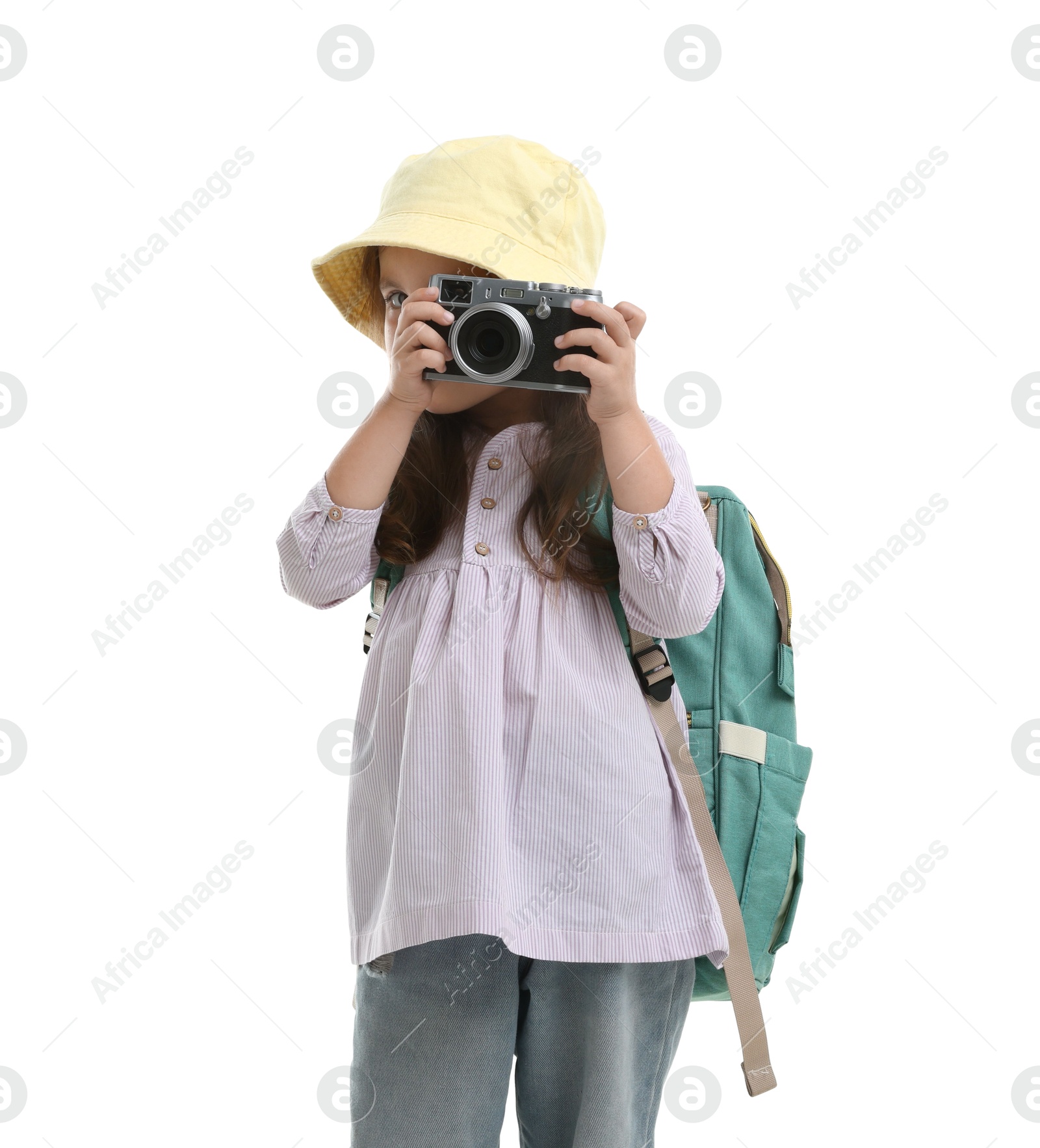 Photo of Choice of profession. Little girl with camera pretending to be photographer on white background