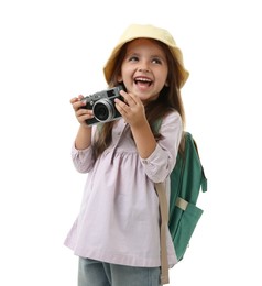 Photo of Choice of profession. Happy little girl with camera pretending to be photographer on white background
