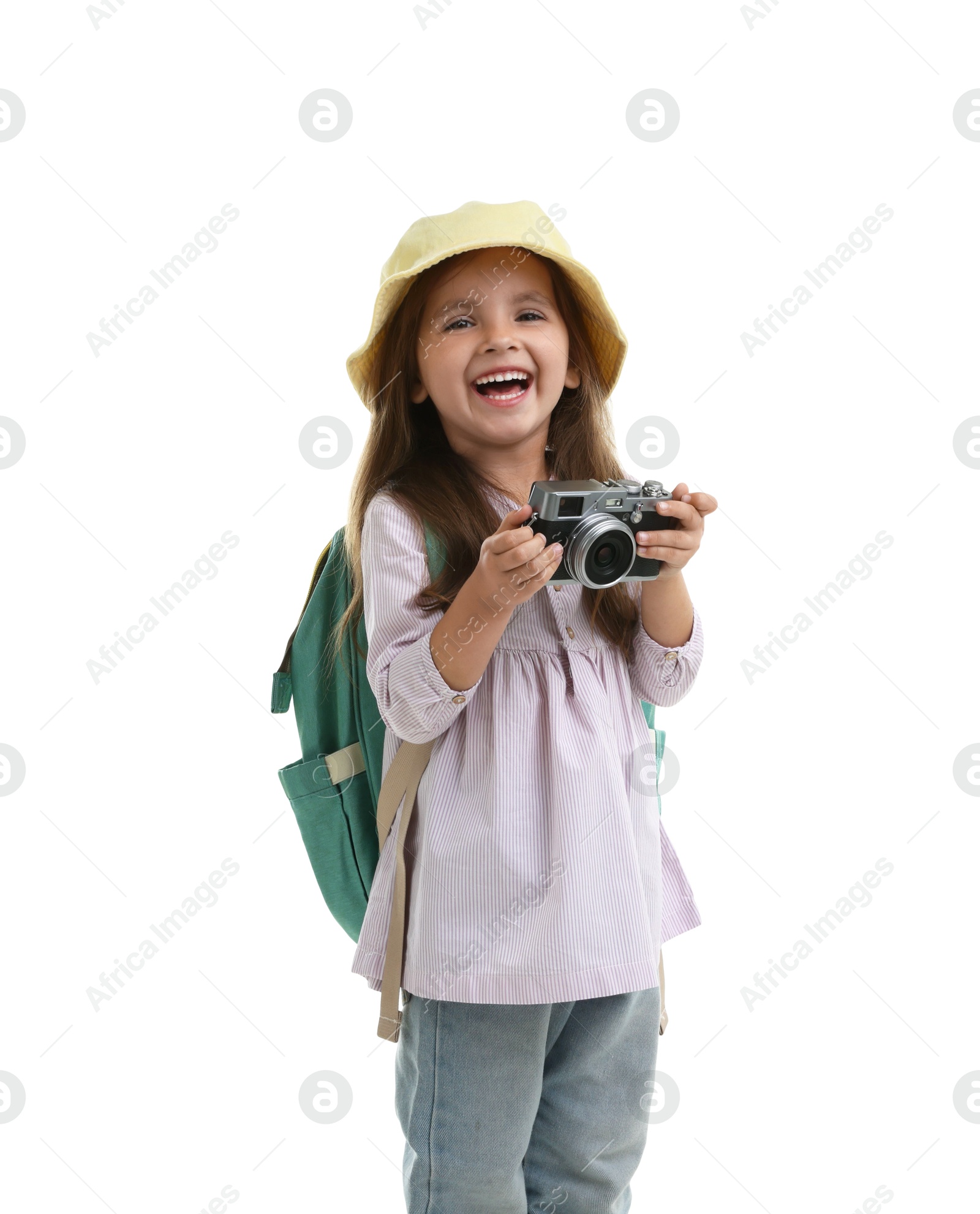 Photo of Choice of profession. Happy little girl with camera pretending to be photographer on white background
