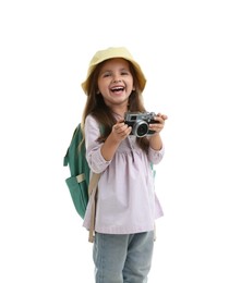 Photo of Choice of profession. Happy little girl with camera pretending to be photographer on white background