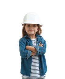 Photo of Choice of profession. Little girl in hardhat pretending to be architect on white background
