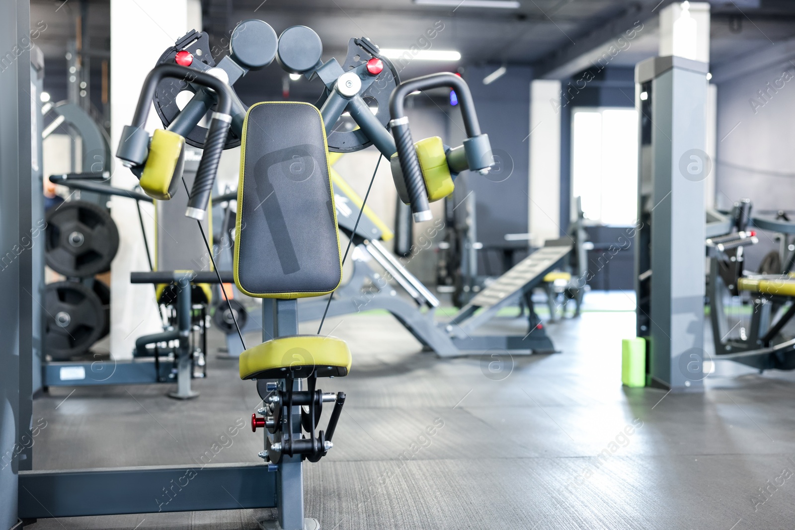 Professional rear delt machine in gym. Space for text Photo of Professional rear delt machine in gym. Space for text