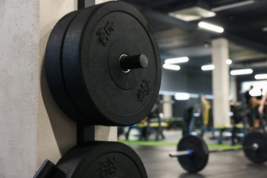 Photo of Many barbell discs hanging on wall in gym, closeup. Space for text