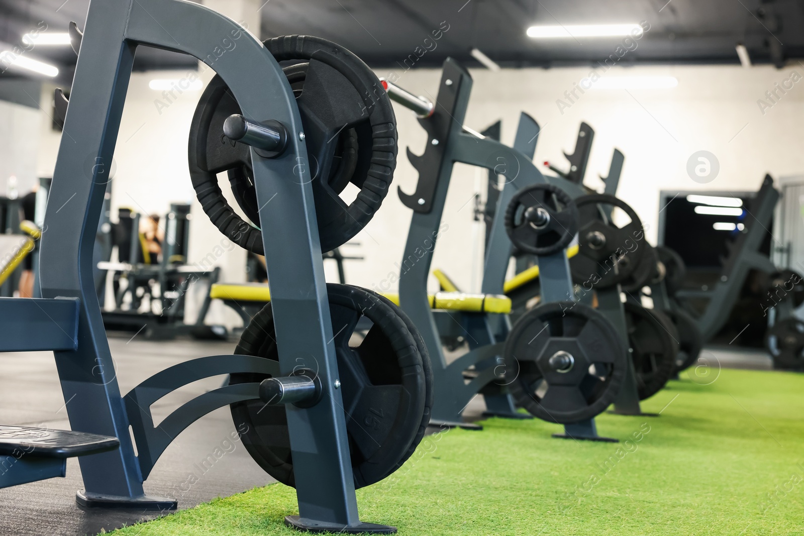 Photo of Stands with barbell discs in gym. Sport equipment