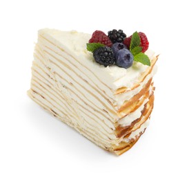 Photo of Piece of tasty crepe cake with berries and mint isolated on white
