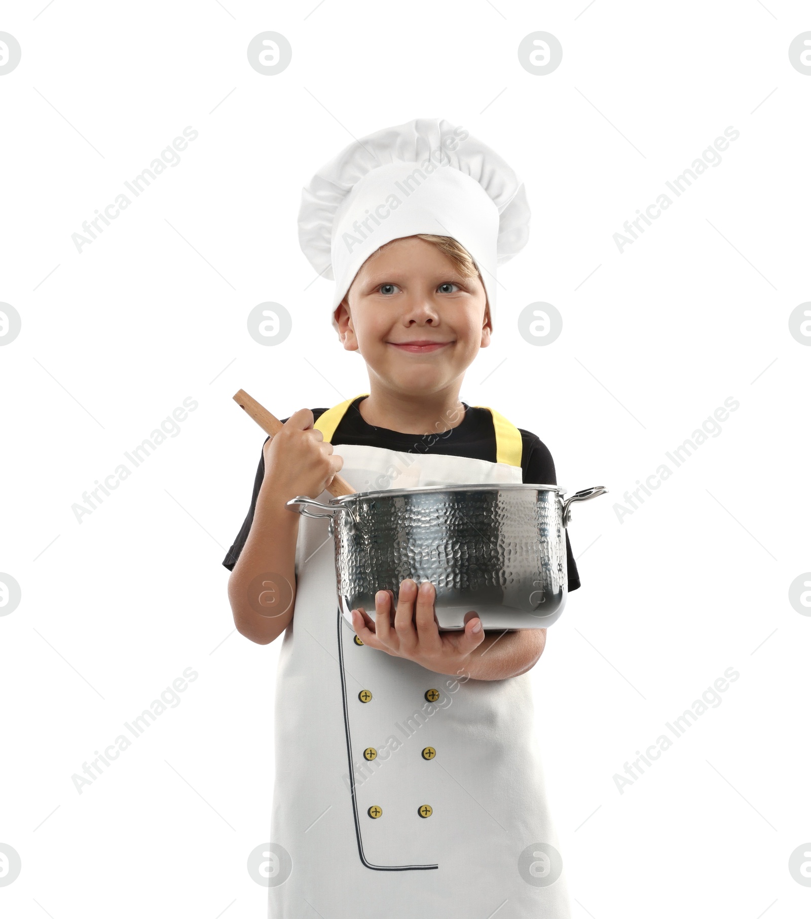 Photo of Choice of profession. Little boy with pot and spoon pretending to be chef on white background