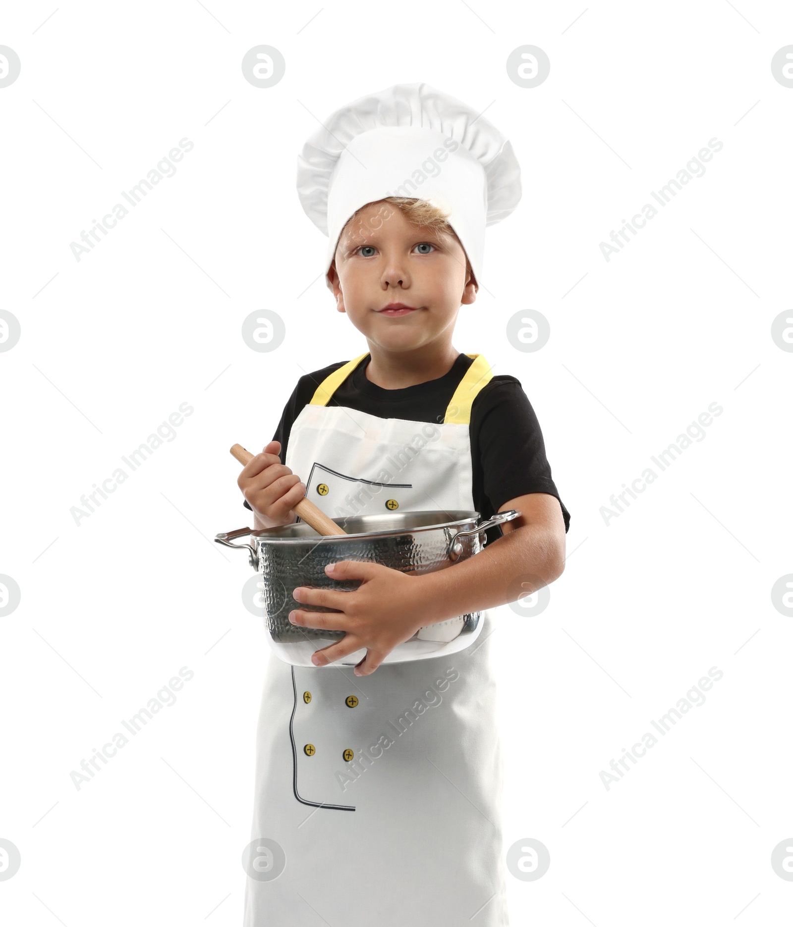 Photo of Choice of profession. Little boy with pot and spoon pretending to be chef on white background