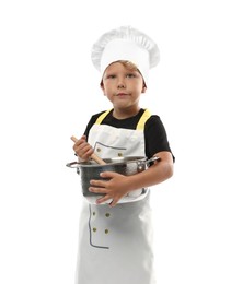 Photo of Choice of profession. Little boy with pot and spoon pretending to be chef on white background