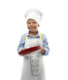 Photo of Choice of profession. Little boy with frying pan pretending to be chef on white background