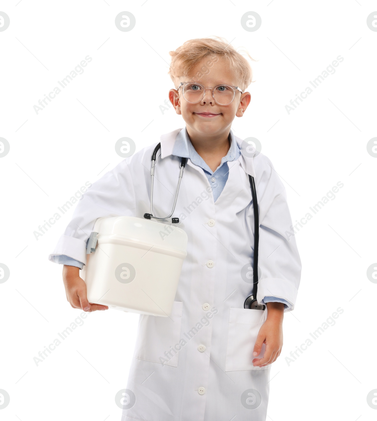 Photo of Choice of profession. Little boy with stethoscope and case pretending to be doctor on white background