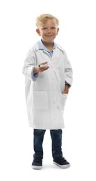 Photo of Choice of profession. Little boy with syringe pretending to be doctor on white background
