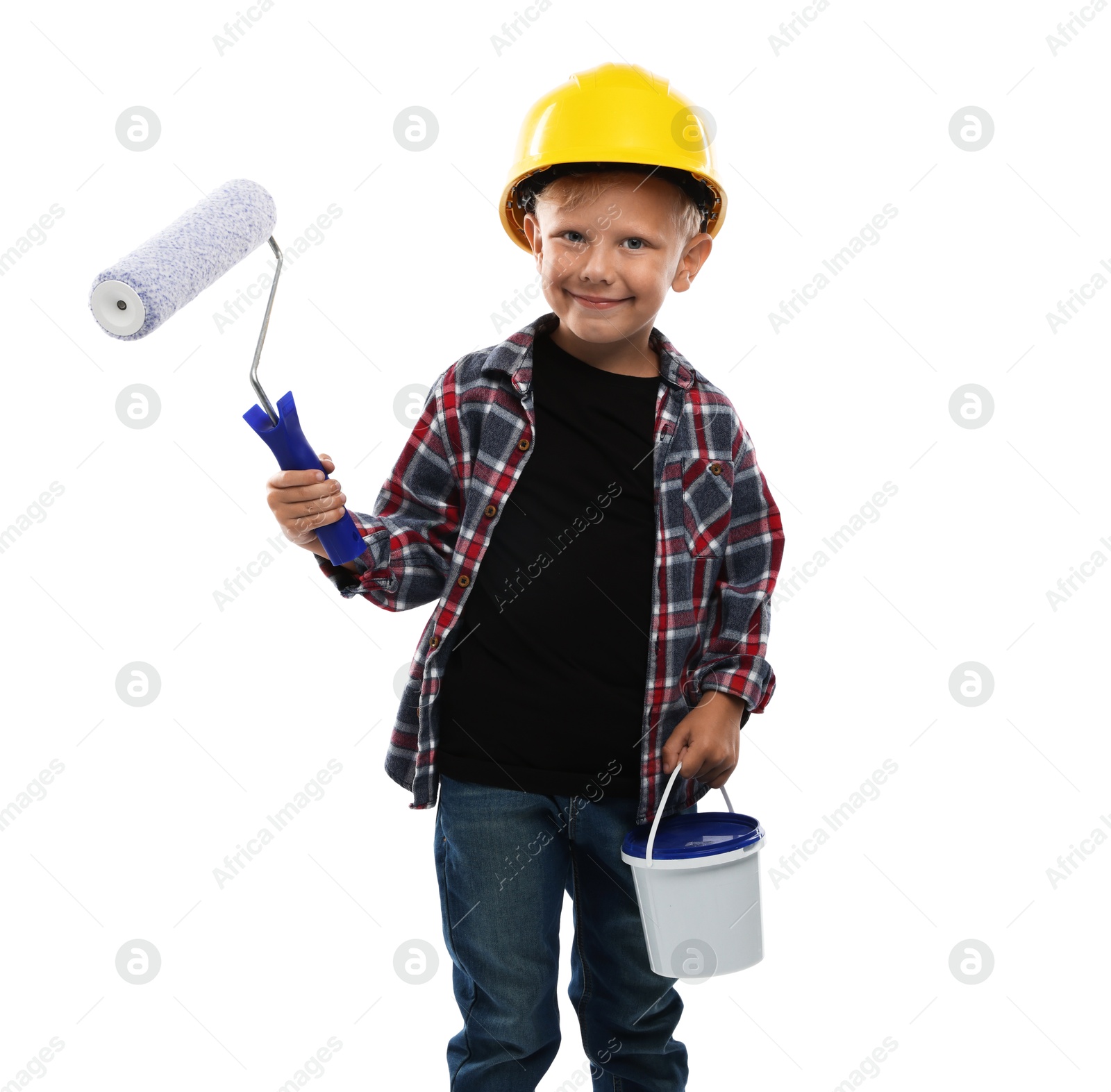Photo of Choice of profession. Little boy with paint and roller pretending to be painter on white background