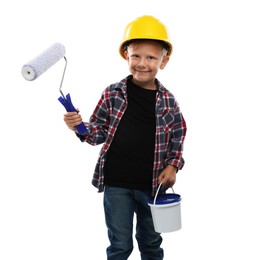 Photo of Choice of profession. Little boy with paint and roller pretending to be painter on white background