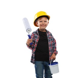 Photo of Choice of profession. Little boy with paint and roller pretending to be painter on white background