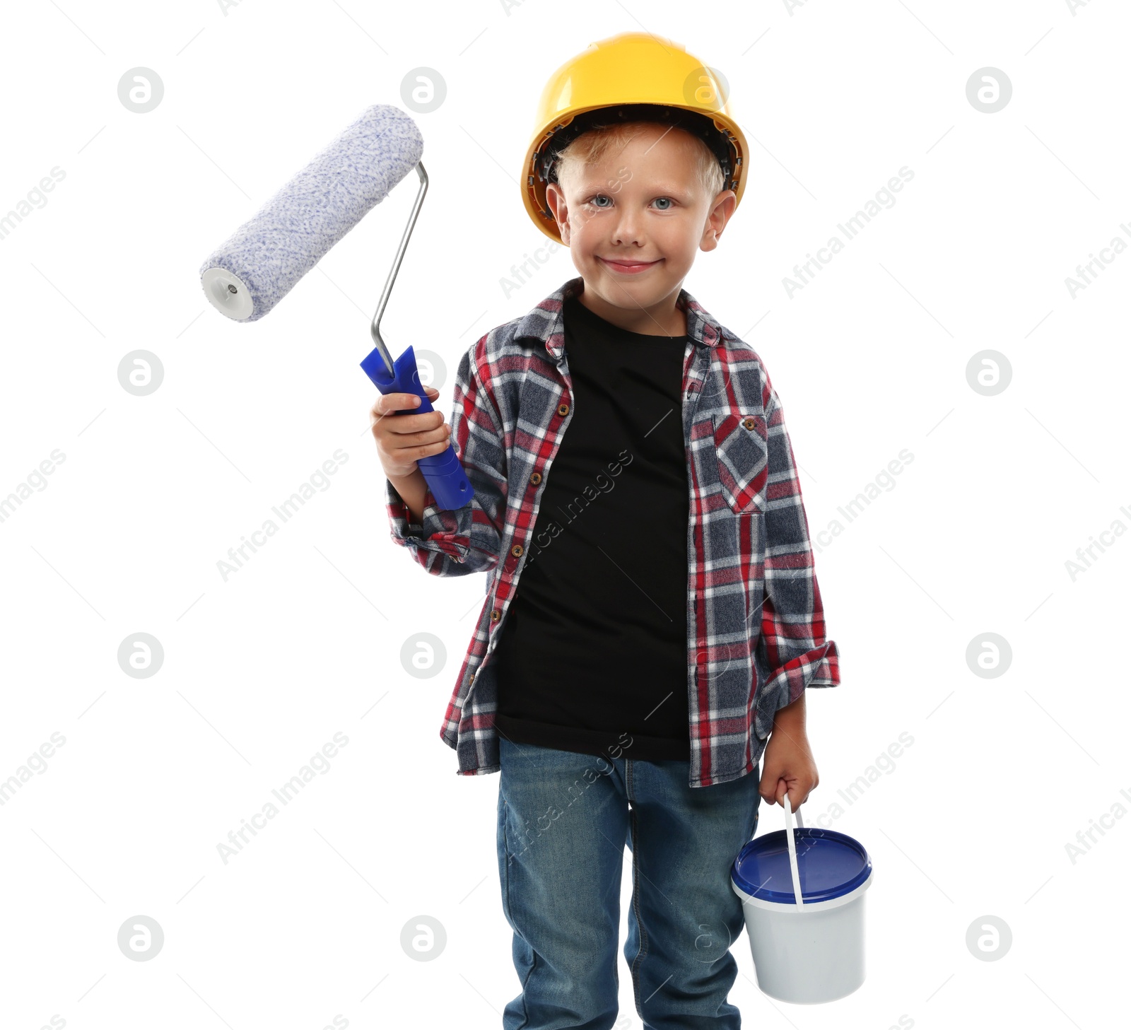 Photo of Choice of profession. Little boy with paint and roller pretending to be painter on white background