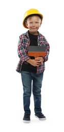 Photo of Choice of profession. Little boy with spatula pretending to be builder on white background