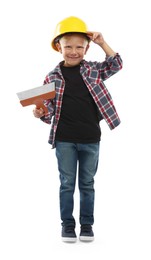 Photo of Choice of profession. Little boy with spatula pretending to be builder on white background