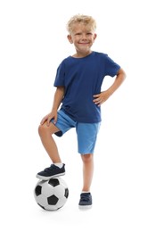 Photo of Choice of profession. Little boy with ball pretending to be football player on white background