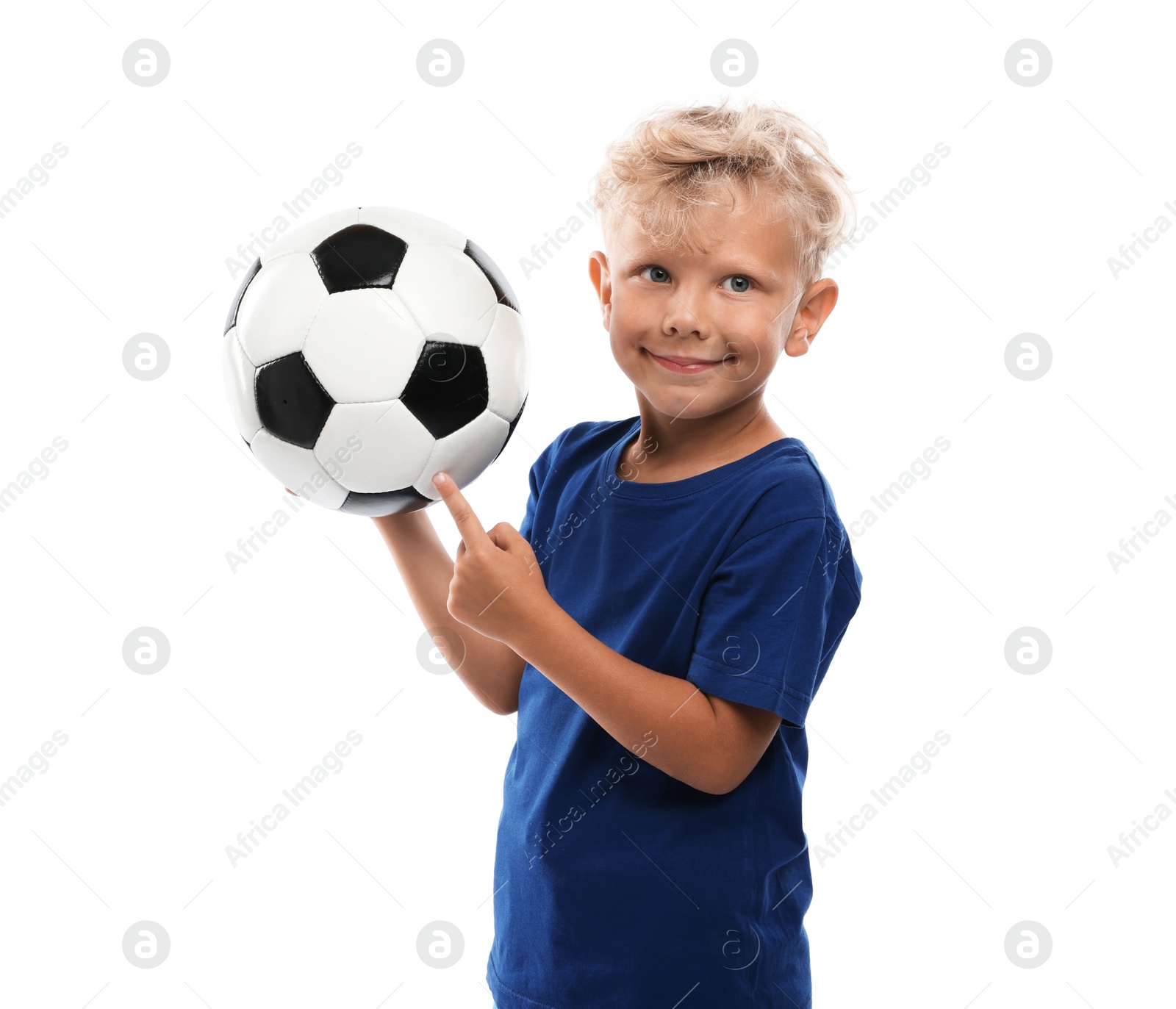Photo of Choice of profession. Little boy with ball pretending to be football player on white background